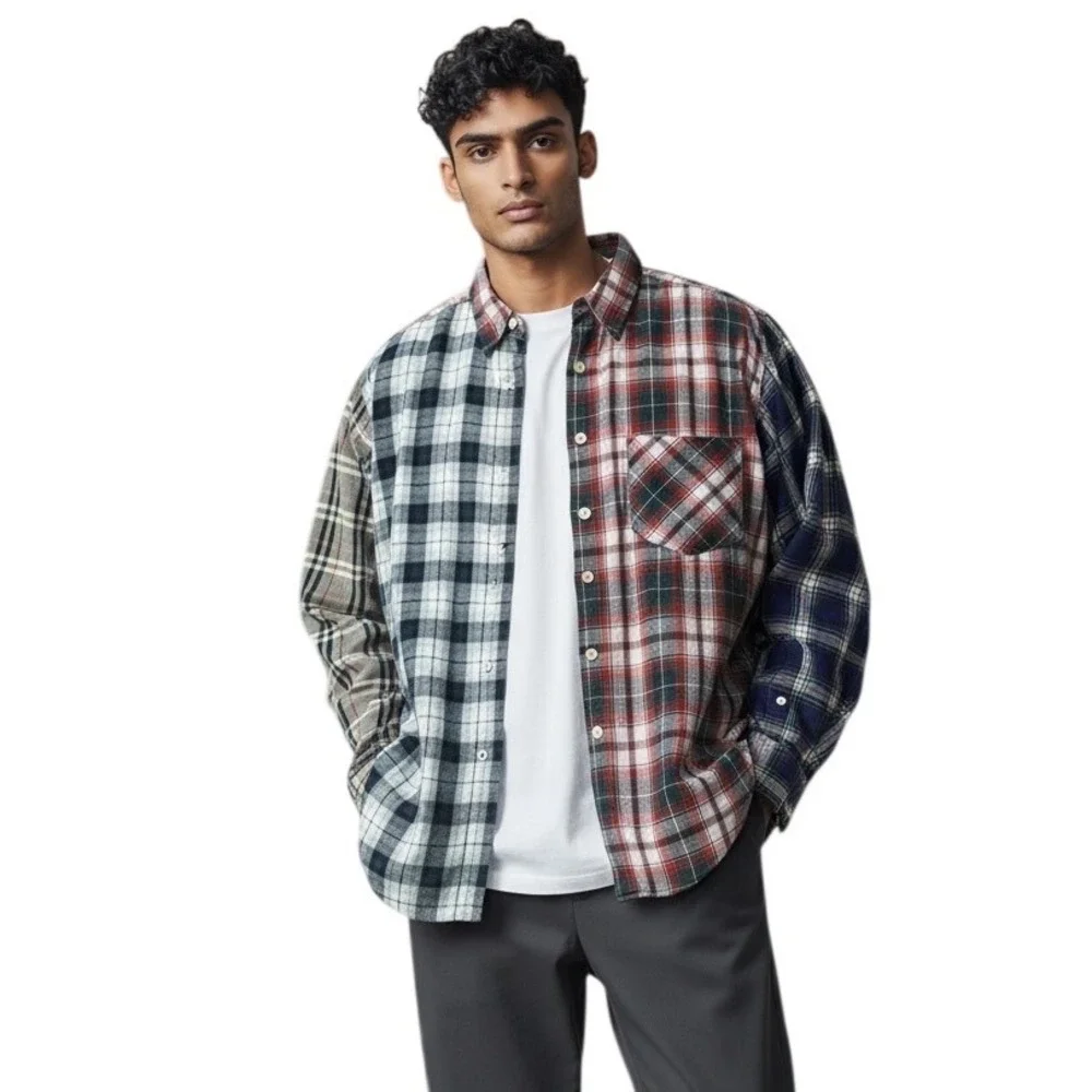 J.Crew VINTAGE 90s Mens Cut & Sew Patchwork Flannel Shirt Button Down Cotton Med